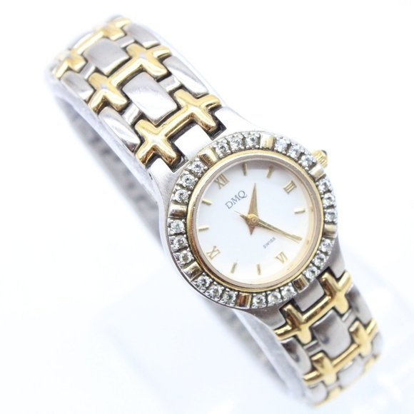 DMQ Swiss Watch Womens Two Tone Stainless Steel Classic Rhinestones Dial Quartz - Picture 1 of 8
